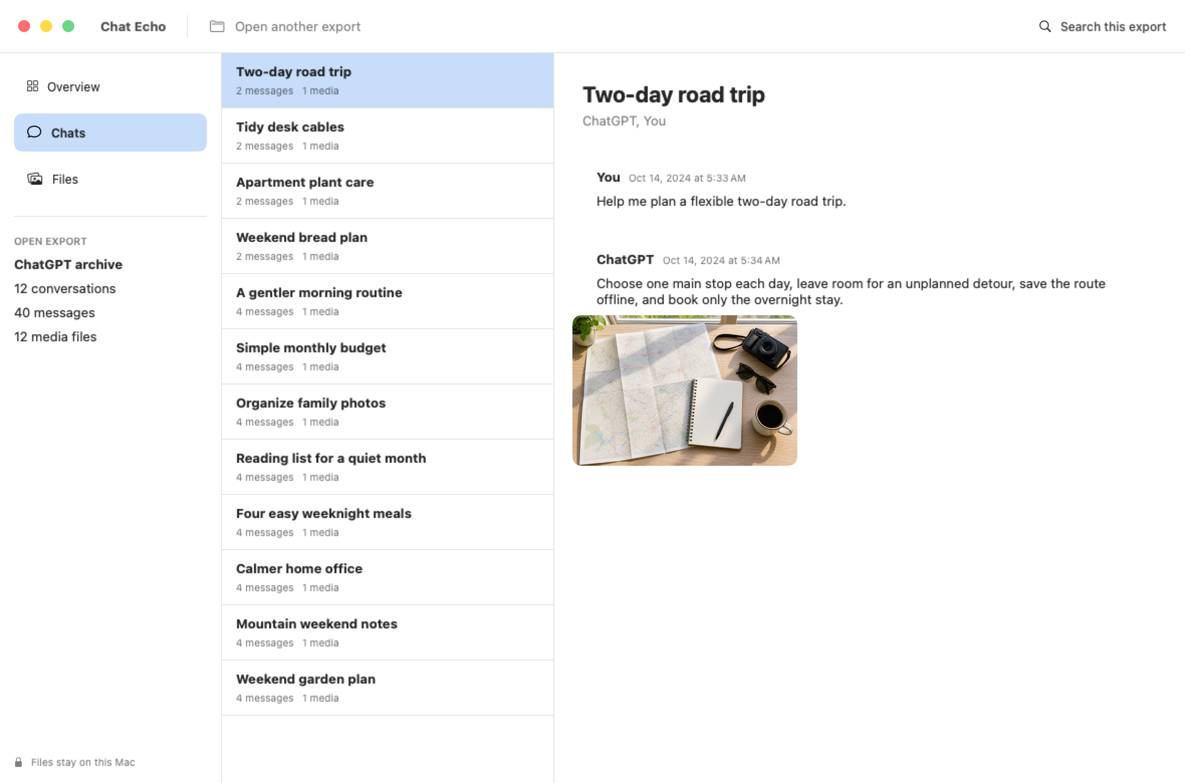 Chat Echo showing fictional exported ChatGPT conversations