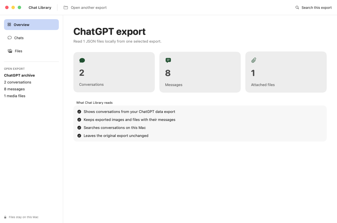 Chat Library overview with conversation, message, and file totals
