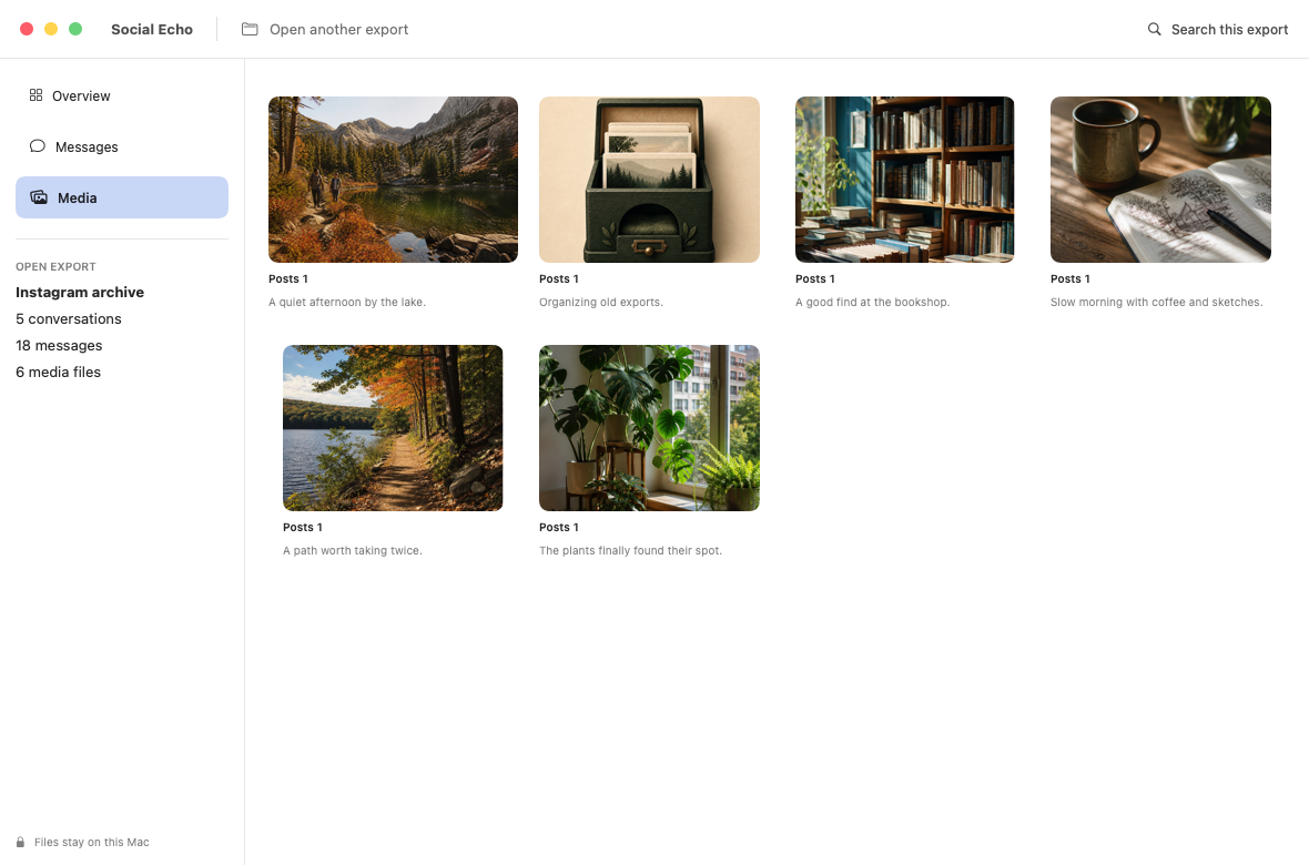 Social Echo media gallery filled with fictional sample photos