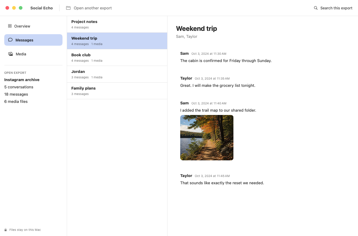 Social Echo showing a fictional conversation and its exported photo