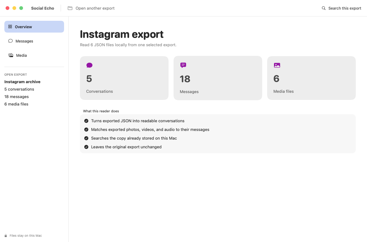 Social Echo overview with conversation, message, and media totals